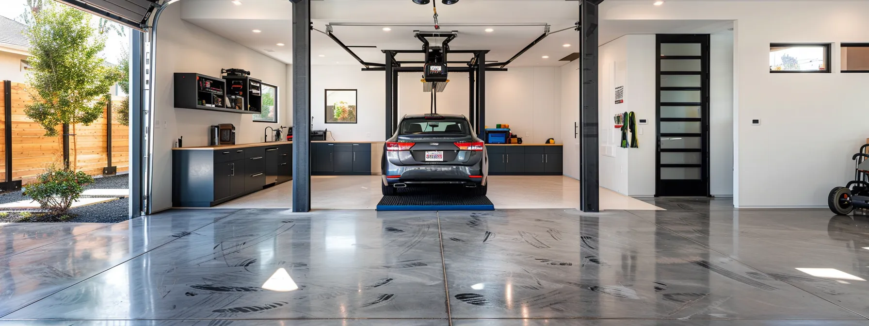 a sleek, modern residential garage showcases a robust four-post automotive lift elegantly elevating a vehicle, surrounded by polished concrete floors and organized tool storage, highlighting the perfect blend of functionality and style for home maintenance needs.