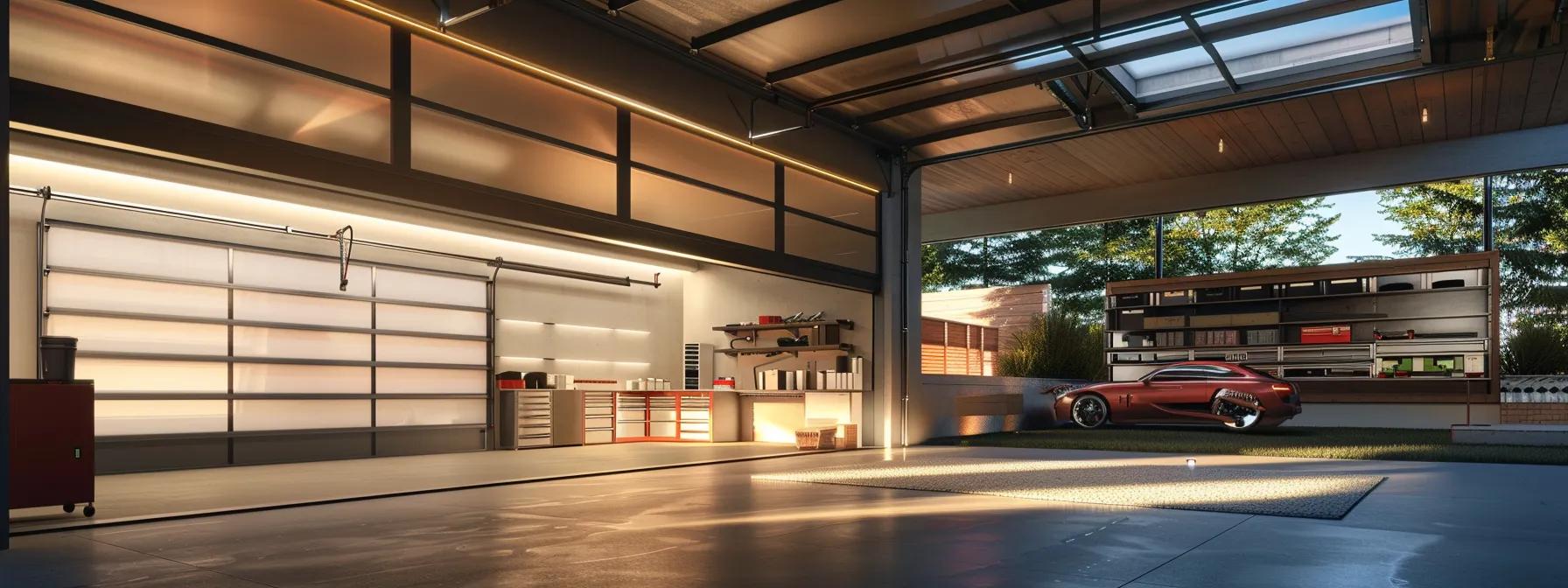 a sleek, modern residential garage showcasing specialized garage doors with advanced technology features, illuminated by focused overhead lighting, while a skilled technician examines the intricate mechanisms, emphasizing the unique repair requirements of these custom designs. a sleek, modern residential garage showcasing specialized garage doors with advanced technology features, illuminated by focused overhead lighting, while a skilled technician examines the intricate mechanisms, emphasizing the unique repair requirements of these custom designs.