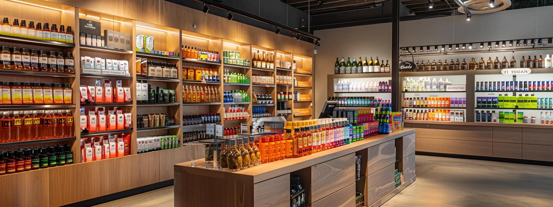 a sleek, modern retail space showcases a vibrant assortment of thc beverages on elegantly arranged shelves, highlighting the clear labeling and quality branding of each product under dynamic store lighting. a sleek, modern retail space showcases a vibrant assortment of thc beverages on elegantly arranged shelves, highlighting the clear labeling and quality branding of each product under dynamic store lighting.