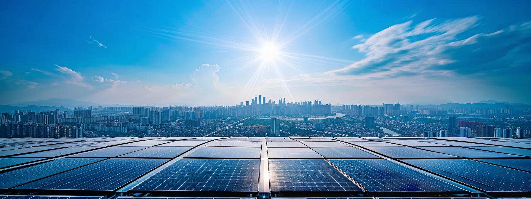 a sleek, modern rooftop filled with a grid of solar panels, gleaming under bright blue skies, captures sunlight as urban buildings stretch into the horizon, symbolizing the transformative power of solar energy.