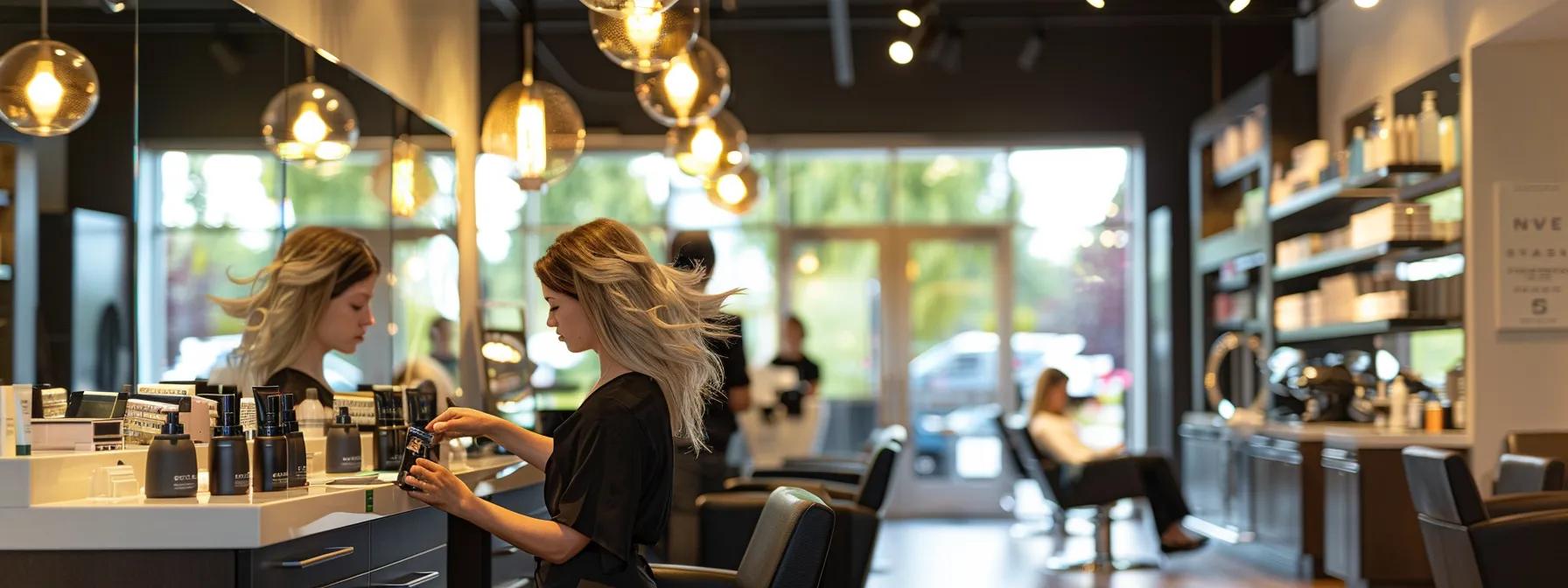 a sleek, modern salon interior features a stylist expertly applying tape-in hair extensions on a client, showcasing a stunning transformation with vibrant, flowing hair illuminated by focused pendant lighting. a sleek, modern salon interior features a stylist expertly applying tape-in hair extensions on a client, showcasing a stunning transformation with vibrant, flowing hair illuminated by focused pendant lighting.