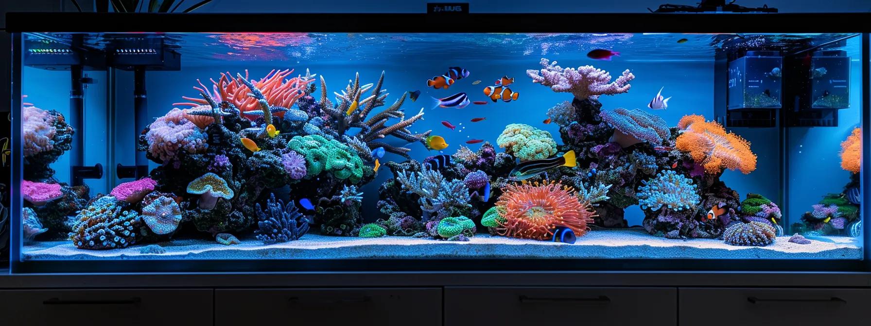 a sleek, modern saltwater fish tank brimming with vibrant coral and exotic fish gleams under professionally arranged led lighting in an upscale, minimalist home office, showcasing the intricate balance of aquatic life and sophisticated equipment.