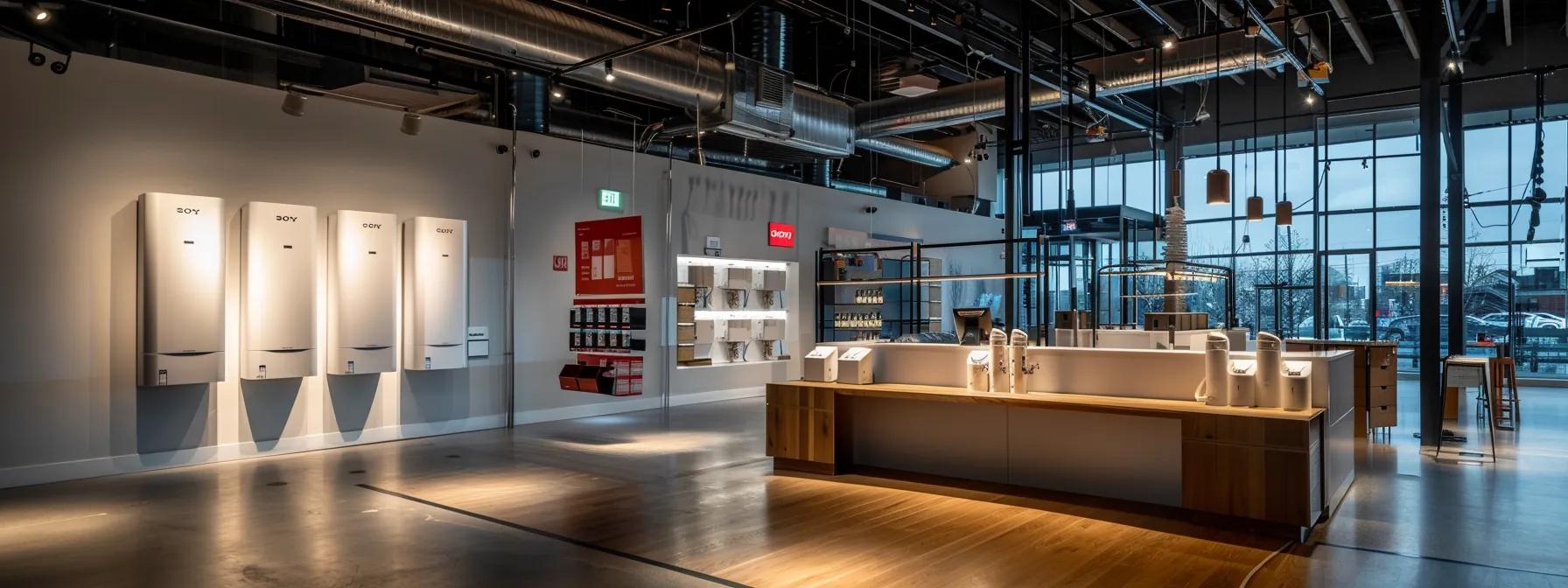 a sleek, modern showroom showcasing high-efficiency tankless water heaters from leading brands, illuminated by bright, focused lighting that highlights their innovative designs against a minimalist industrial backdrop.