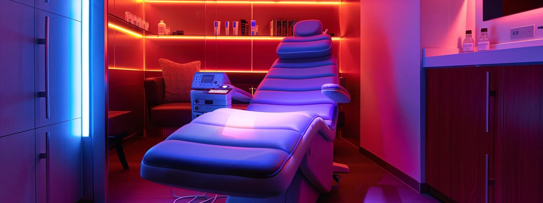 a sleek, modern skincare clinic showcases a patient seated comfortably under a vibrant led therapy device, highlighting the transformative glow of red and blue lights as they illuminate the face for an advanced skin rejuvenation treatment. a sleek, modern skincare clinic showcases a patient seated comfortably under a vibrant led therapy device, highlighting the transformative glow of red and blue lights as they illuminate the face for an advanced skin rejuvenation treatment.