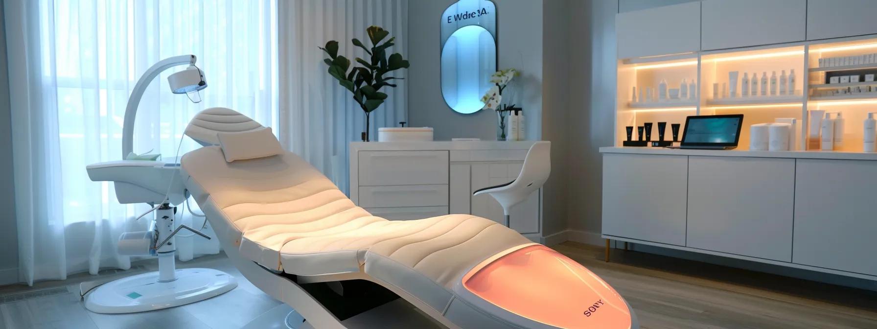 a sleek, modern skincare clinic features a glowing led therapy device surrounded by clinical furnishings, evoking a sense of advanced technology and wellness in a professional indoor environment. a sleek, modern skincare clinic features a glowing led therapy device surrounded by clinical furnishings, evoking a sense of advanced technology and wellness in a professional indoor environment.
