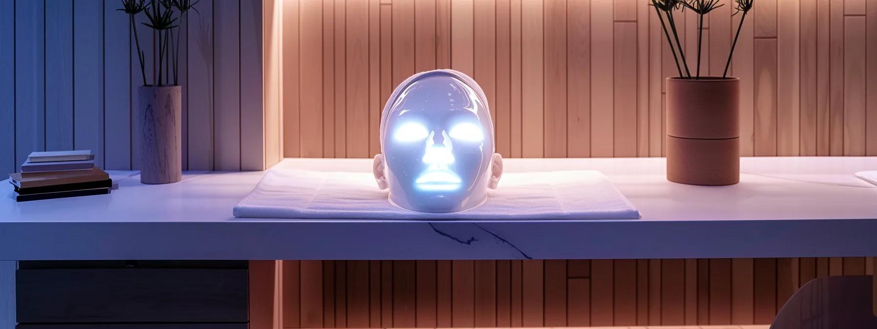 a sleek, modern skincare clinic features a glowing led facial mask displayed prominently on a minimalist treatment table, illuminated by soft, ambient lighting to emphasize its high-tech appeal and luxurious skincare benefits. a sleek, modern skincare clinic features a glowing led facial mask displayed prominently on a minimalist treatment table, illuminated by soft, ambient lighting to emphasize its high-tech appeal and luxurious skincare benefits.