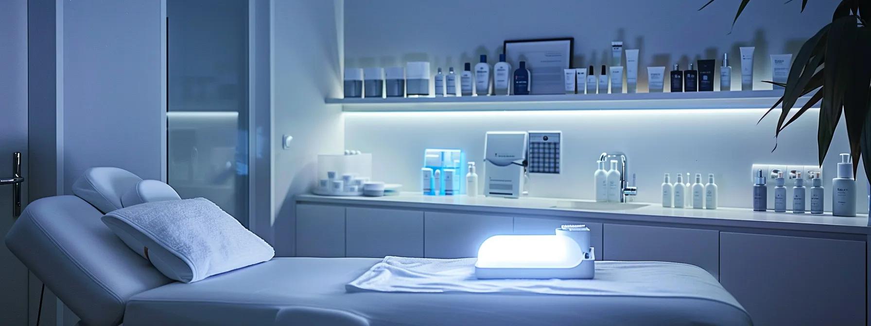 a sleek, modern skincare clinic interior features a glowing led therapy device illuminating a client’s serene face, emphasizing the transformative benefits of light therapy in a clinical yet inviting atmosphere.