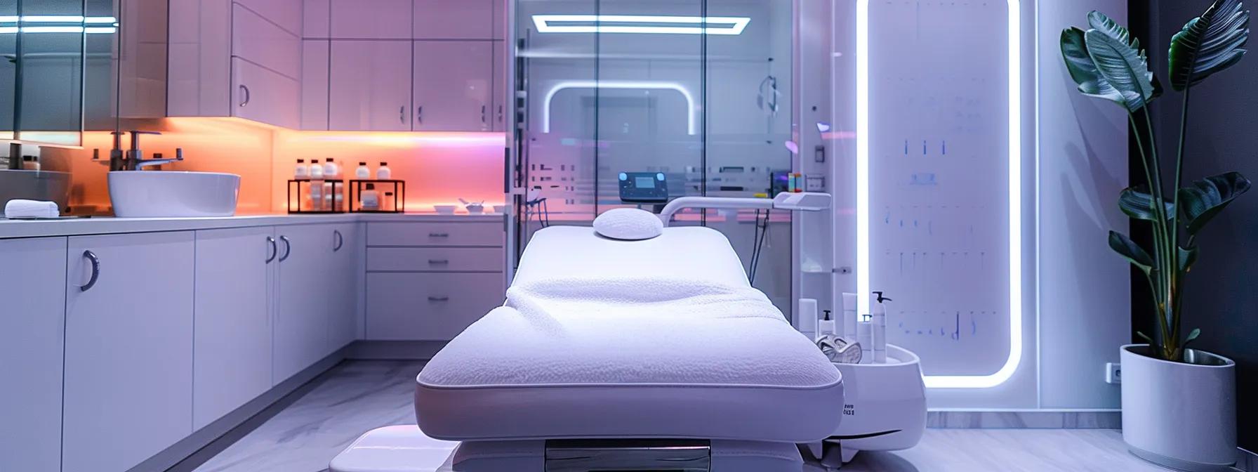 a sleek, modern skincare clinic interior showcases a glowing led light therapy device illuminating a patient’s face, emphasizing the synergy between advanced technology and skincare product effectiveness. a sleek, modern skincare clinic interior showcases a glowing led light therapy device illuminating a patient’s face, emphasizing the synergy between advanced technology and skincare product effectiveness.