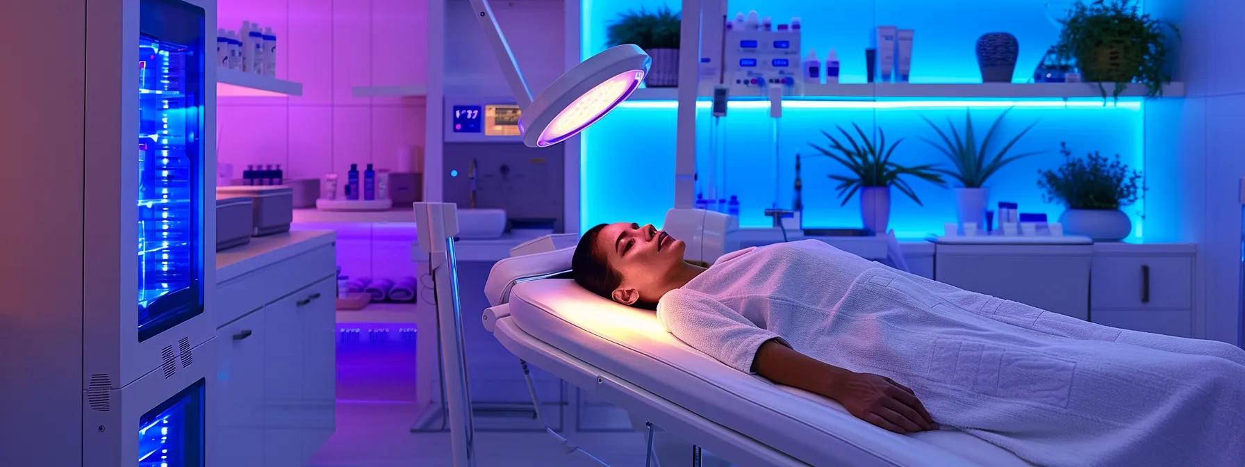 a sleek, modern skincare clinic interior showcases a patient reclining under a vibrant led therapy device, surrounded by high-tech equipment and ambient lighting that highlights the therapeutic process for skin rejuvenation. a sleek, modern skincare clinic interior showcases a patient reclining under a vibrant led therapy device, surrounded by high-tech equipment and ambient lighting that highlights the therapeutic process for skin rejuvenation.