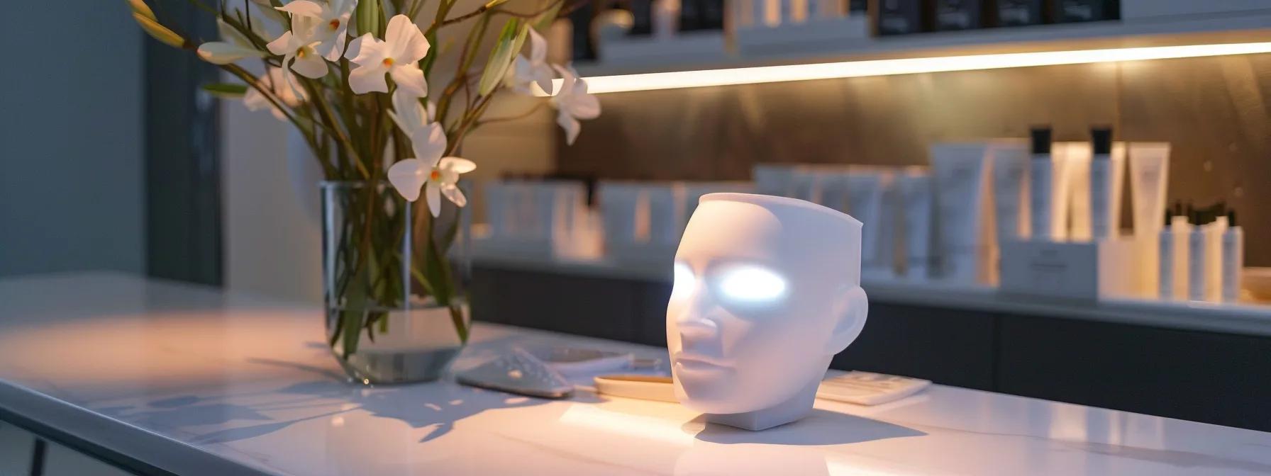 a sleek, modern skincare clinic setting features a glowing led face mask prominently displayed on a polished countertop, emphasizing the theme of evaluating long-term benefits and investment in skin wellness.