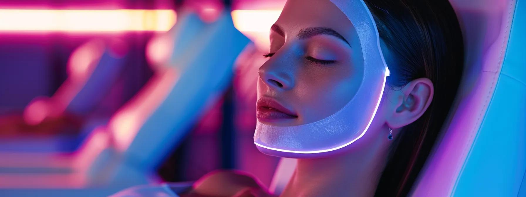 a sleek, modern skincare clinic showcasing a radiant woman wearing a futuristic led mask, illuminated by soft, clinical lighting that highlights her visibly smooth skin and the rejuvenating effects of advanced beauty technology. a sleek, modern skincare clinic showcasing a radiant woman wearing a futuristic led mask, illuminated by soft, clinical lighting that highlights her visibly smooth skin and the rejuvenating effects of advanced beauty technology.