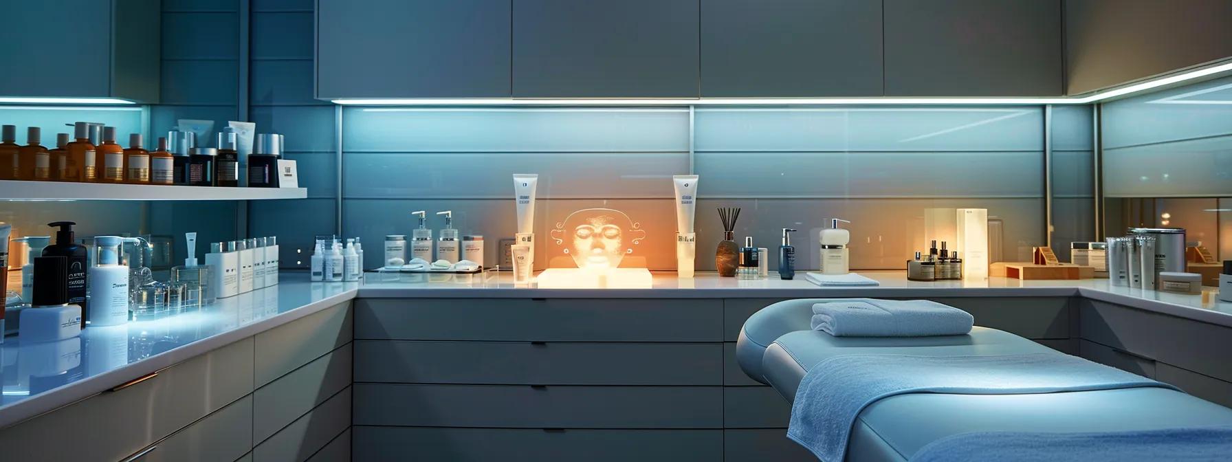 a sleek, modern skincare studio features a glowing led mask prominently displayed on a glossy countertop, illuminated by soft, ambient lighting that enhances the transformative ambiance of a beauty treatment session. a sleek, modern skincare studio features a glowing led mask prominently displayed on a glossy countertop, illuminated by soft, ambient lighting that enhances the transformative ambiance of a beauty treatment session.