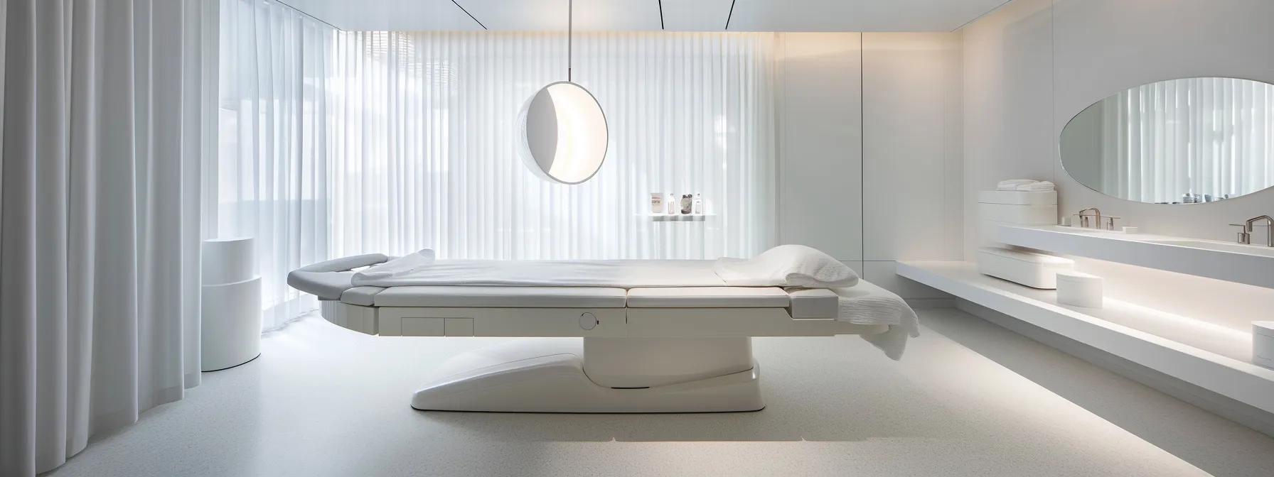 a sleek, modern skincare studio features a luminous led mask glowing softly on a pristine white treatment table, emphasizing the transformative potential of advanced skincare technology against a chic, minimalist backdrop. a sleek, modern skincare studio features a luminous led mask glowing softly on a pristine white treatment table, emphasizing the transformative potential of advanced skincare technology against a chic, minimalist backdrop.