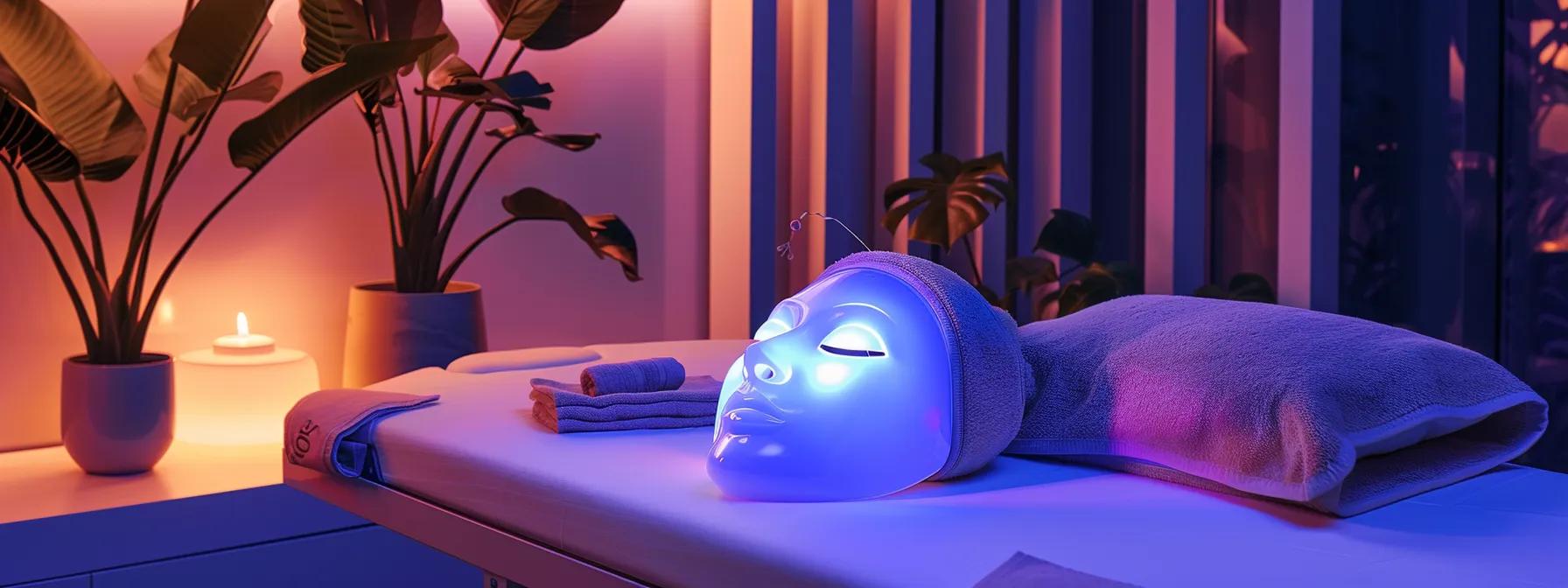 a sleek, modern spa room features a glowing led facial mask resting on a pristine treatment table, with soft, ambient lighting highlighting the mask's vibrant colors as it gently suggests rejuvenation and a youthful glow. a sleek, modern spa room features a glowing led facial mask resting on a pristine treatment table, with soft, ambient lighting highlighting the mask's vibrant colors as it gently suggests rejuvenation and a youthful glow.