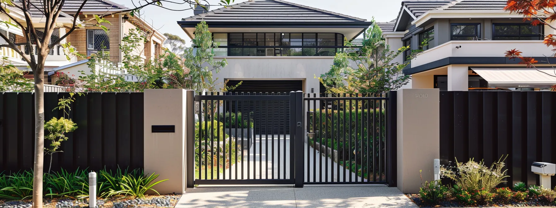 Steel Gates Carlton North | Melbourne 1 a sleek, modern steel gate shining under the sunlight, exuding strength and security, in front of a suburban home in Carlton North | Melbourne.