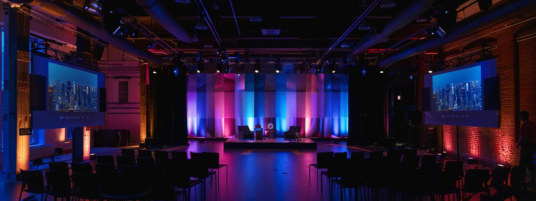 a sleek, modern television studio in new york city, featuring a dynamic panel discussion with industry leaders illuminated by vibrant artificial lighting, capturing the energy of strategic public relations in action.
