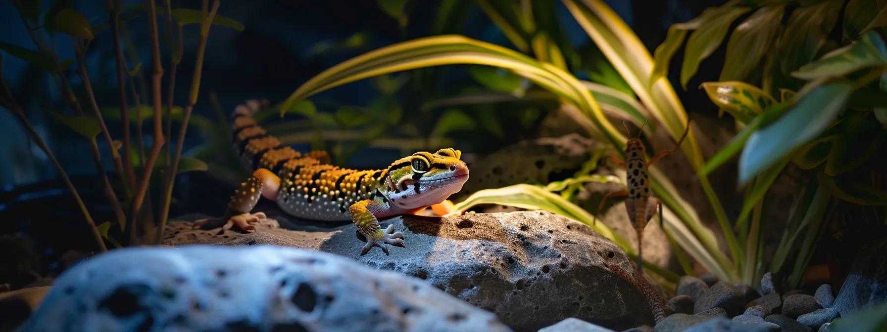 a sleek, modern terrarium showcases a vibrant leopard gecko nestled among carefully arranged rocks and live insects, illuminated by a warm, diffused light that emphasizes the gecko's dynamic colors and the meticulous attention to its nutritional environment. a sleek, modern terrarium showcases a vibrant leopard gecko nestled among carefully arranged rocks and live insects, illuminated by a warm, diffused light that emphasizes the gecko's dynamic colors and the meticulous attention to its nutritional environment.