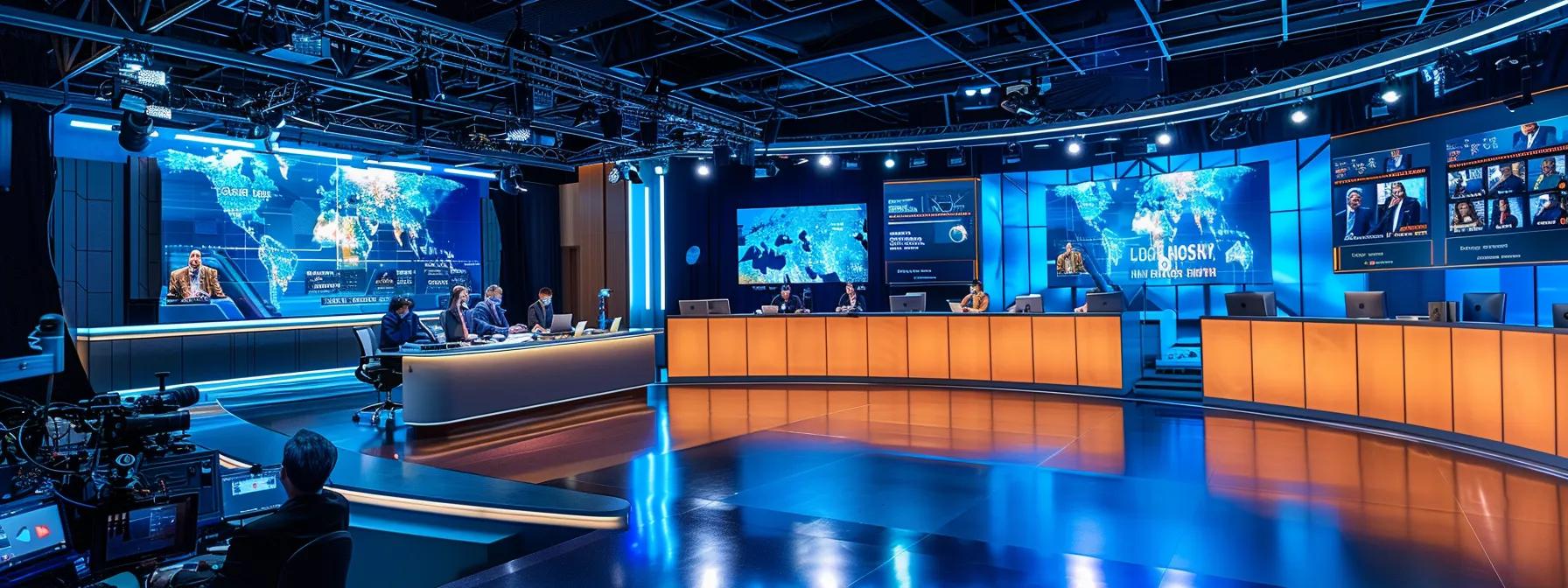 a sleek, modern tv studio with lit screens displaying breaking news headlines, showcasing a focused pr team engaged in intense discussions around a conference table, conveying the high-stakes atmosphere of crisis communication management.