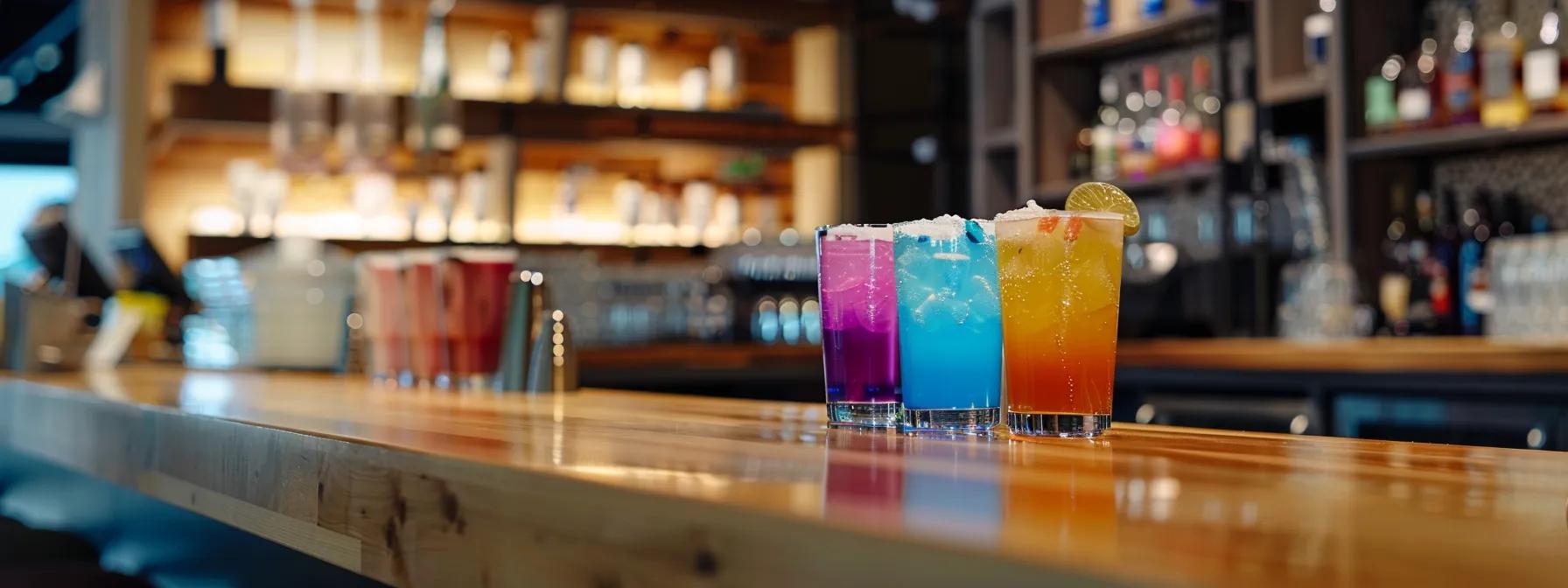 a sleek, modern urban café setting showcases a vibrant array of colorful thc-infused drinks on a polished wooden counter, exuding a sense of relaxed sophistication and inviting patrons to explore the subtle nuances of stress relief. a sleek, modern urban café setting showcases a vibrant array of colorful thc-infused drinks on a polished wooden counter, exuding a sense of relaxed sophistication and inviting patrons to explore the subtle nuances of stress relief.