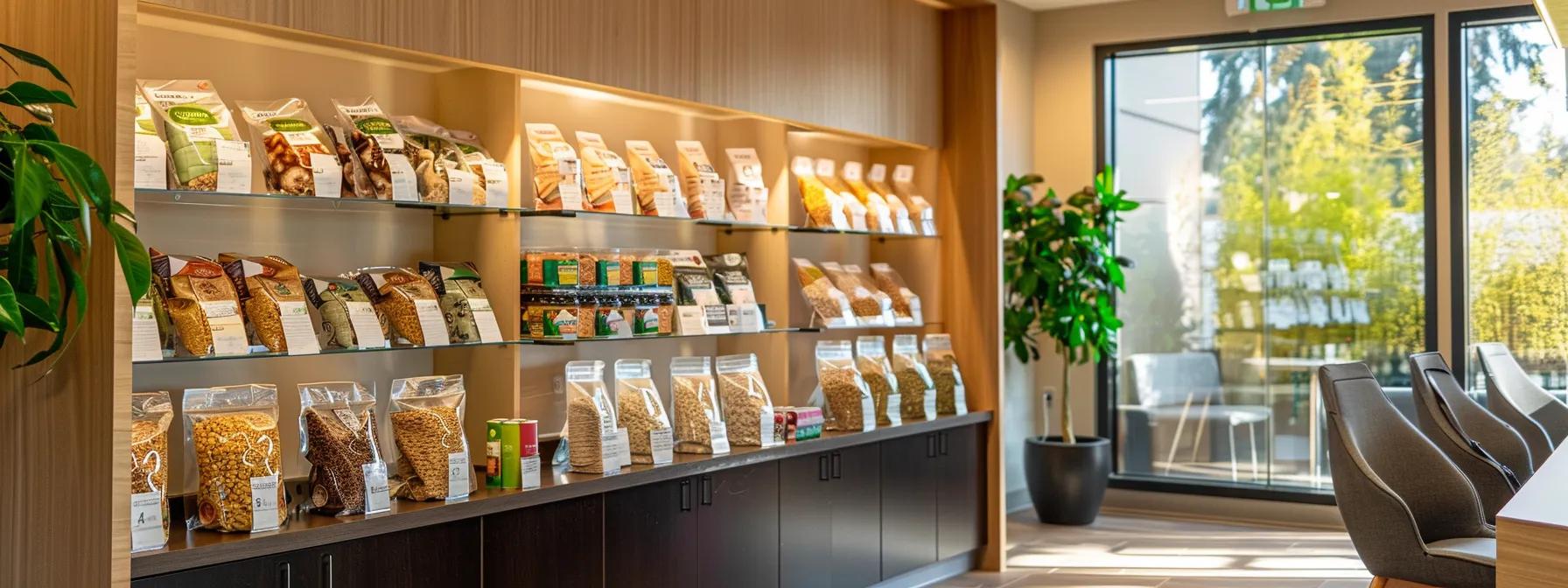 a sleek, modern veterinary clinic consultation room showcases a dog food display highlighting common allergens, with clear, labeled packages of beef, chicken, dairy, and grains prominently arranged on a contemporary shelf under bright, focused lighting. a sleek, modern veterinary clinic consultation room showcases a dog food display highlighting common allergens, with clear, labeled packages of beef, chicken, dairy, and grains prominently arranged on a contemporary shelf under bright, focused lighting.