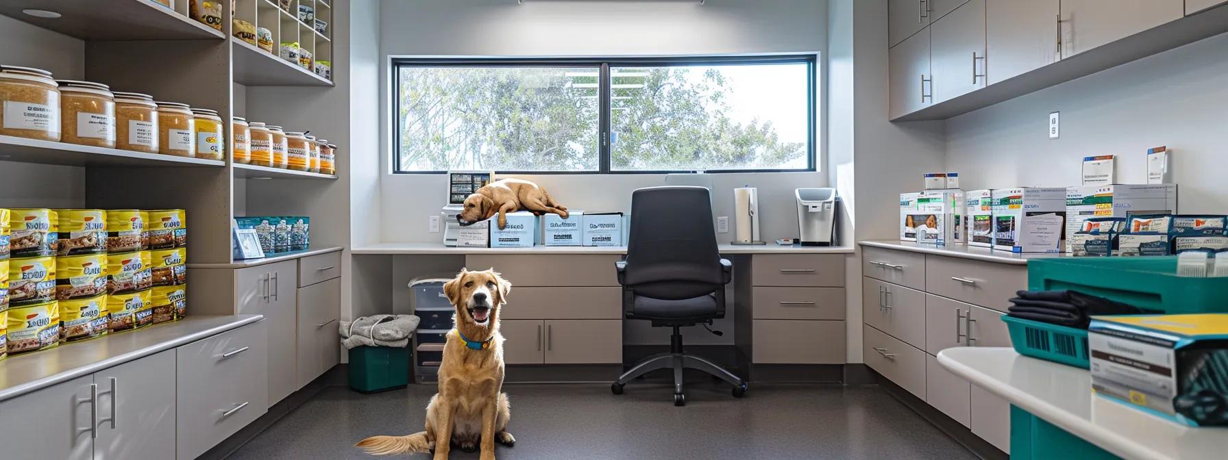 a sleek, modern veterinary clinic consultation room showcases a happy dog sitting comfortably on an examination table, surrounded by vibrant packaging of avoderm dog food prominently displayed, symbolizing effective digestive health support and care.