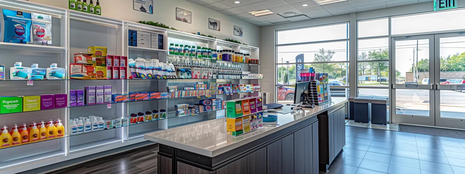 a sleek, modern veterinary clinic interior features a well-lit display shelf filled with colorful, vet-recommended hydration supplements for dogs, highlighting the importance of safe hydration products in pet health.