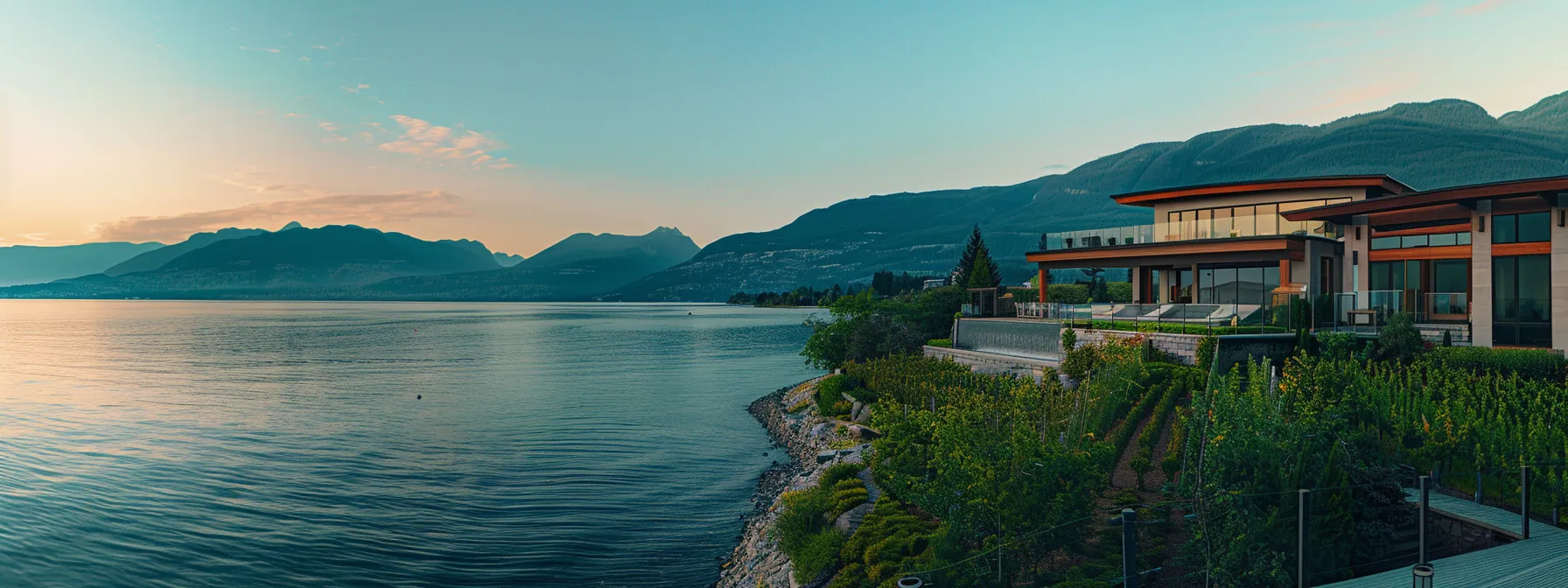 a sleek, modern waterfront home overlooking the shimmering waters of salmon arm, surrounded by lush greenery and vineyards. a sleek, modern waterfront home overlooking the shimmering waters of salmon arm, surrounded by lush greenery and vineyards.