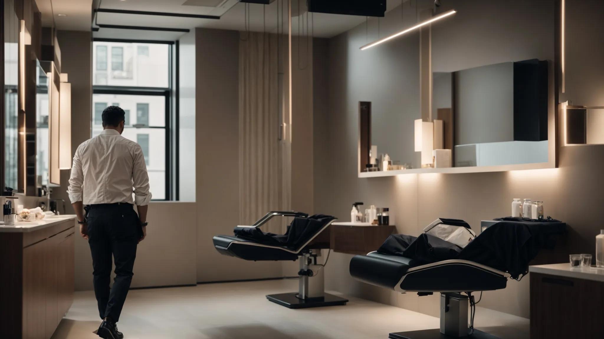 a sleek, modern waxing salon in nyc features a stylish male client receiving a high-tech waxing treatment, illuminated by soft, ambient lighting that emphasizes the sophisticated atmosphere and cutting-edge equipment.