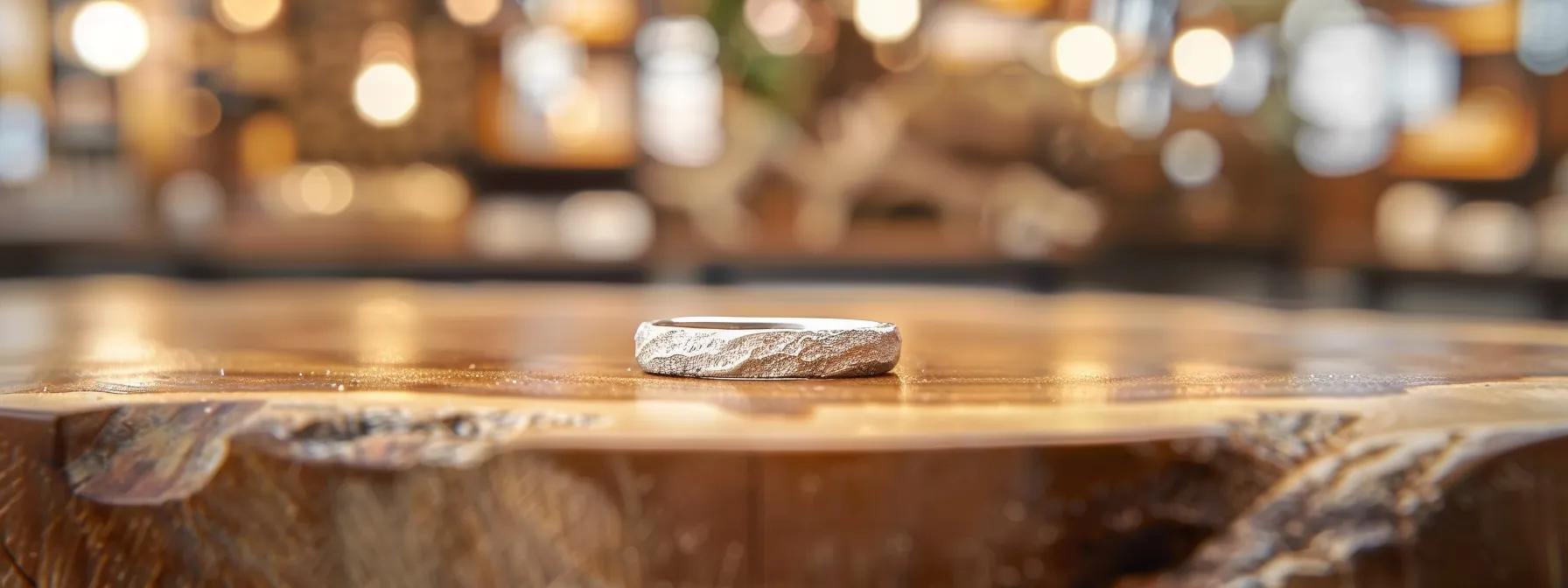 a sleek modern wedding band crafted from antler rests elegantly on a polished wooden desk in an upscale urban jewelry studio, showcasing its unique texture and organic charm against a backdrop of minimalist design elements. a sleek modern wedding band crafted from antler rests elegantly on a polished wooden desk in an upscale urban jewelry studio, showcasing its unique texture and organic charm against a backdrop of minimalist design elements.