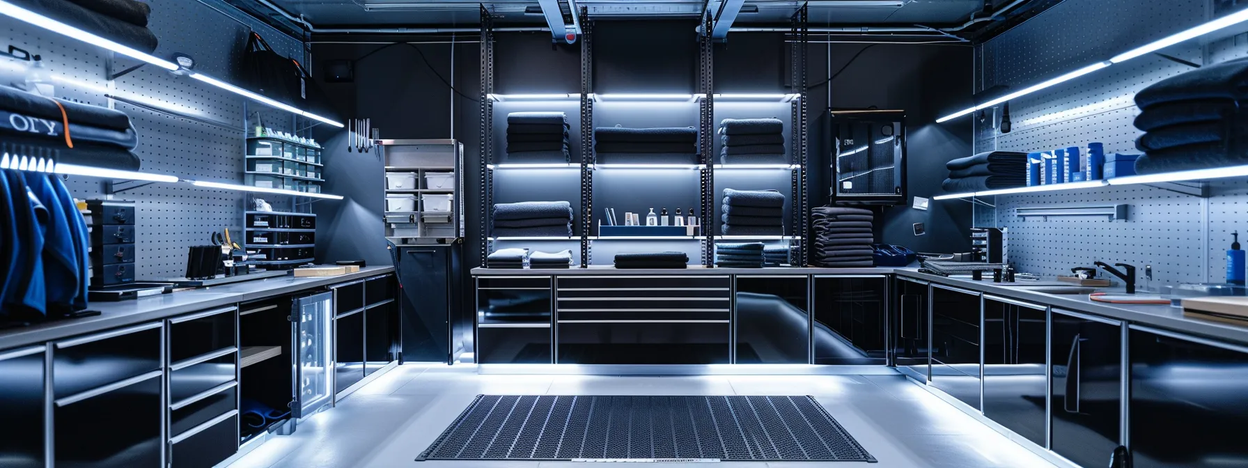 a sleek, modern workshop displays an array of essential car cleaning tools, including microfiber towels, ph-neutral soaps, and ceramic solutions, all meticulously organized on stainless steel workstations, showcasing the professional approach required for impeccable vehicle wrap care. Essential Cleaning Tools and Solutions for Wrap Care