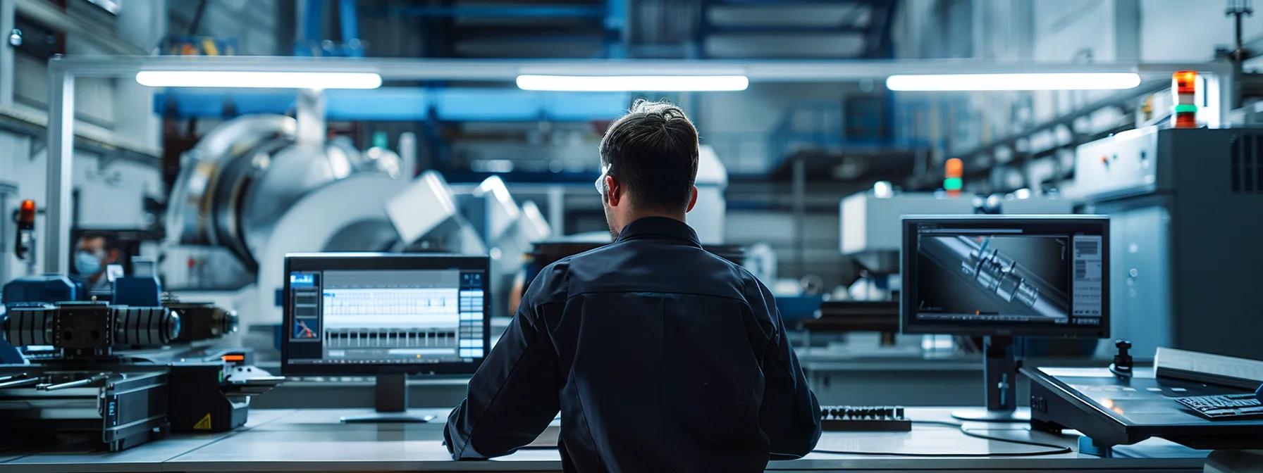 a sleek, modern workshop filled with advanced metal cutting machinery, showcasing precision tools and a skilled technician analyzing a complex metal component against a backdrop of industrial efficiency and innovation.