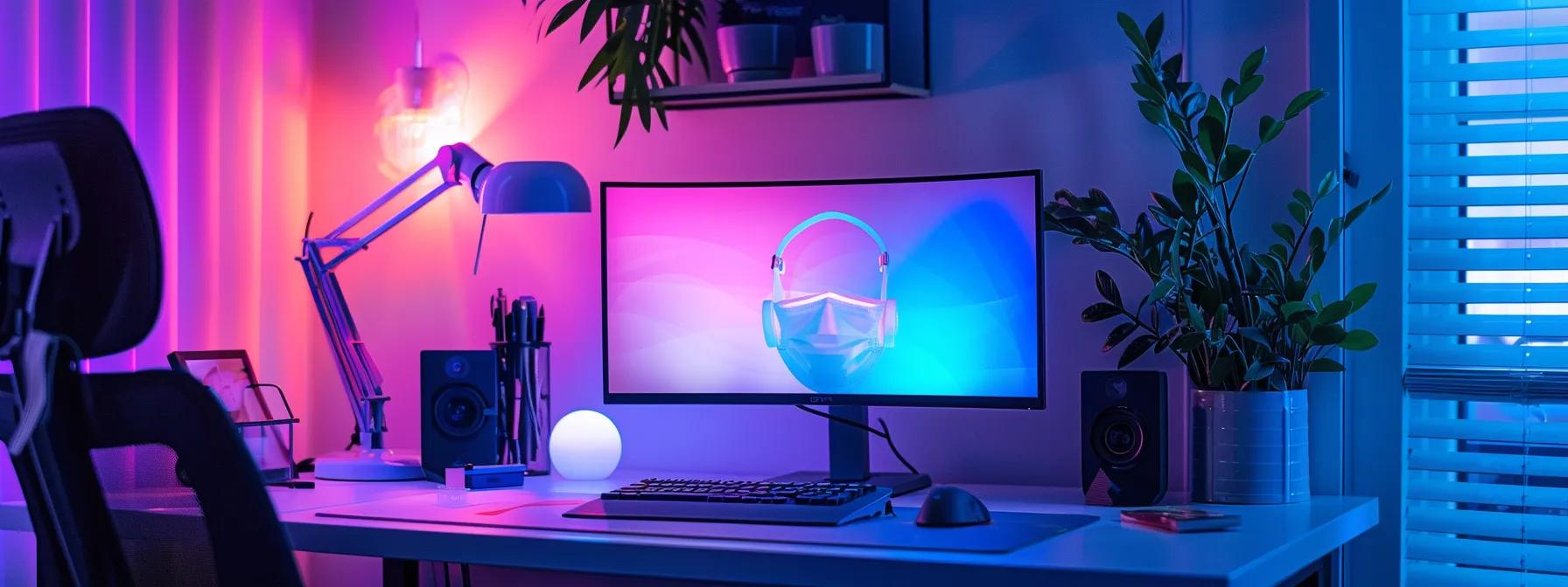 a sleek, modern workspace featuring a neatly organized desk with an led mask carefully placed in a protective case, illuminated by vibrant ambient lighting that emphasizes its advanced technology. a sleek, modern workspace featuring a neatly organized desk with an led mask carefully placed in a protective case, illuminated by vibrant ambient lighting that emphasizes its advanced technology.