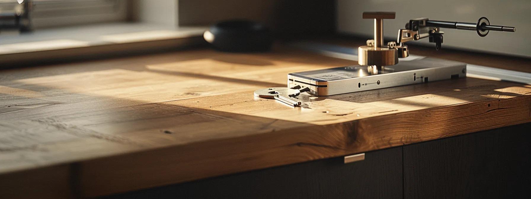 a sleek, modern workspace showcases an installation of a master key system, featuring a polished lock mechanism on a wooden surface, bathed in soft, warm light that highlights the precision of the tools and materials involved. a sleek, modern workspace showcases an installation of a master key system, featuring a polished lock mechanism on a wooden surface, bathed in soft, warm light that highlights the precision of the tools and materials involved.