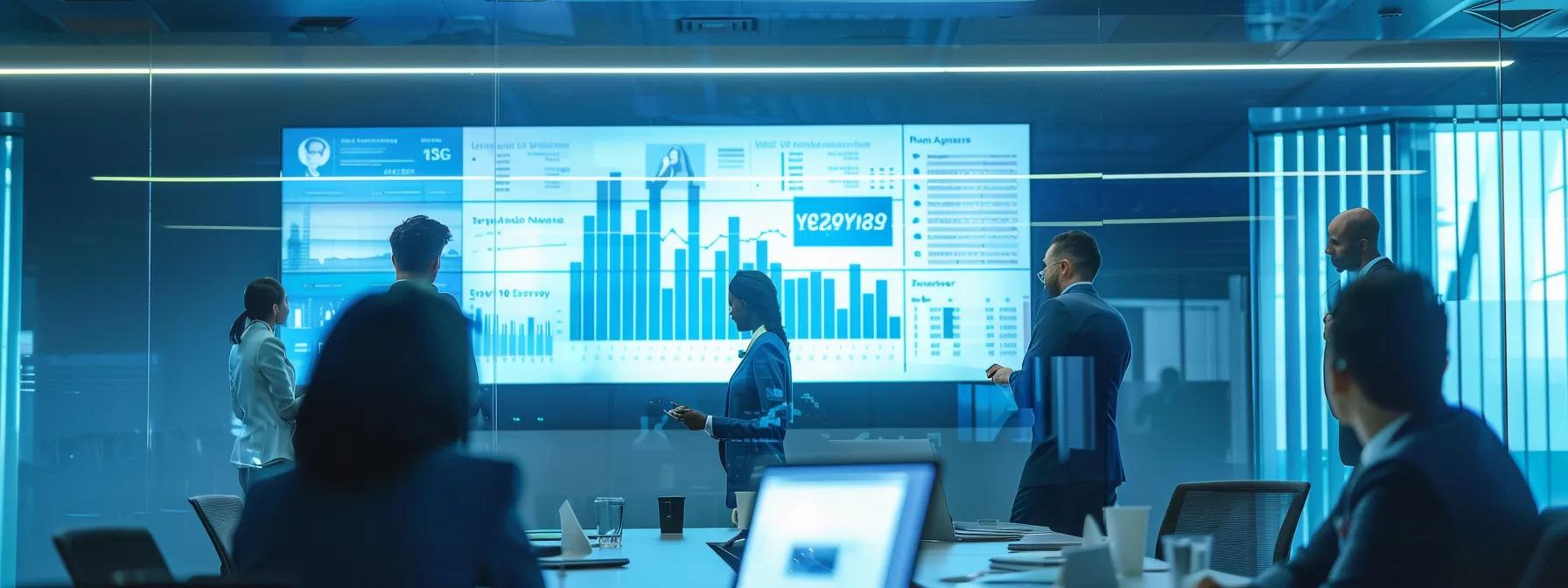 a sleek office environment features a modern meeting room with a large digital screen displaying various pricing models for pr agency services, amidst a backdrop of engaged professionals discussing tv exposure strategies.