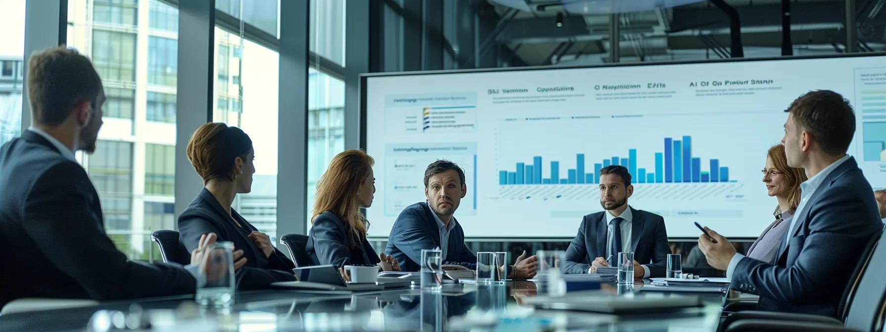a sleek office meeting room featuring a large digital screen displaying an infographic on owner-occupancy ratios, surrounded by engaged professionals in business attire discussing the impact on fannie mae condo eligibility.