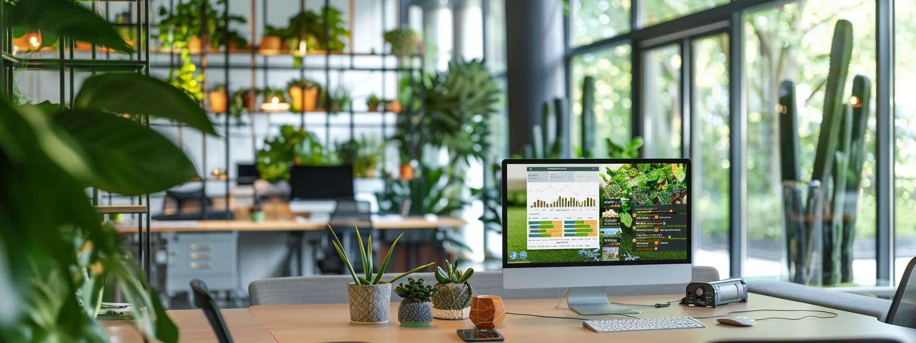 a sleek office space features a modern computer display with a detailed breakdown of affordable lawn care pricing, surrounded by vibrant charts and infographics that illustrate service options and costs tailored for residential and commercial properties.