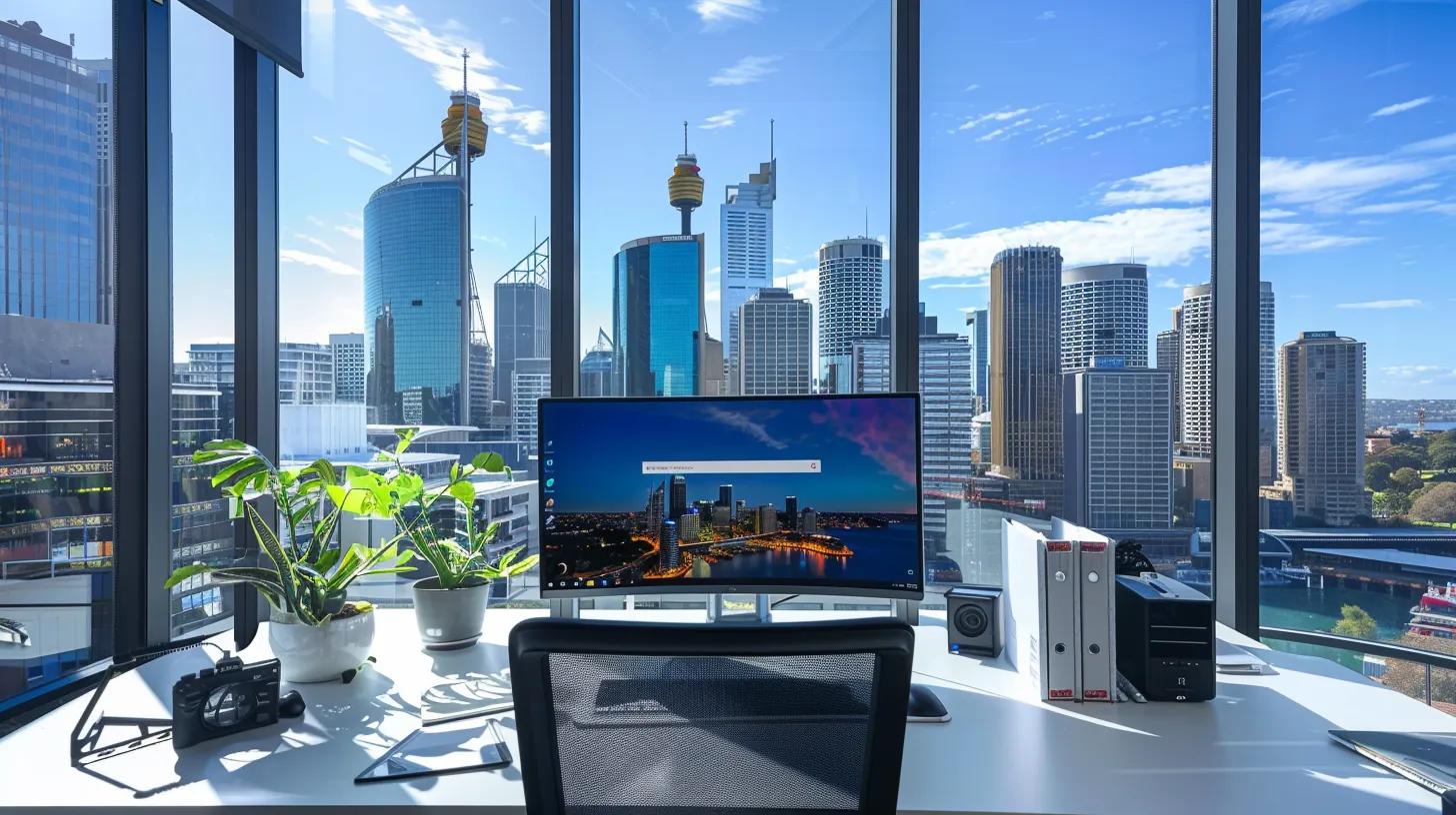 a sleek office workspace features a large monitor displaying a vibrant google map pack search result, surrounded by strategically placed marketing materials, highlighting sydney's skyline through a nearby window. a sleek office workspace features a large monitor displaying a vibrant google map pack search result, surrounded by strategically placed marketing materials, highlighting sydney's skyline through a nearby window.