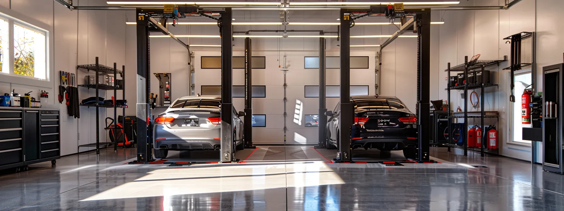 a sleek, organized garage features a 2-post lift on one side and a 4-post lift on the other, showcasing their distinct designs and functional differences under bright, artificial overhead lighting.