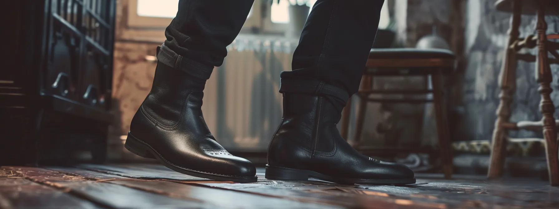 a sleek pair of black leather boots perfectly complement a pair of black stacked jeans, creating a stylish and versatile look. a sleek pair of black leather boots perfectly complement a pair of black stacked jeans, creating a stylish and versatile look.