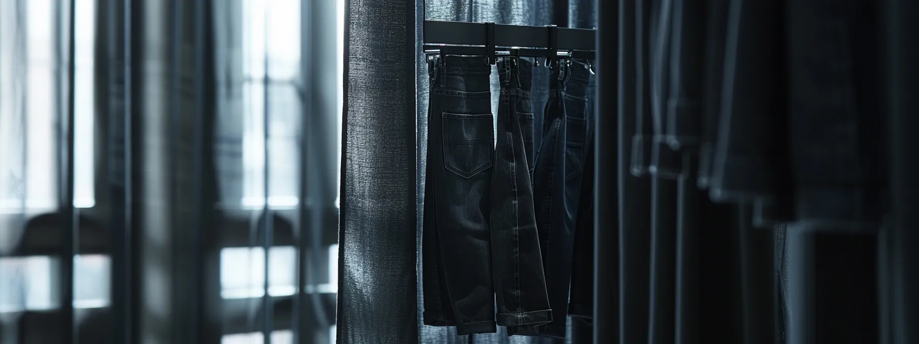 a sleek pair of black stacked jeans hanging on a display rack, showcasing its distinctive stacked appearance and unique pocket designs. a sleek pair of black stacked jeans hanging on a display rack, showcasing its distinctive stacked appearance and unique pocket designs.