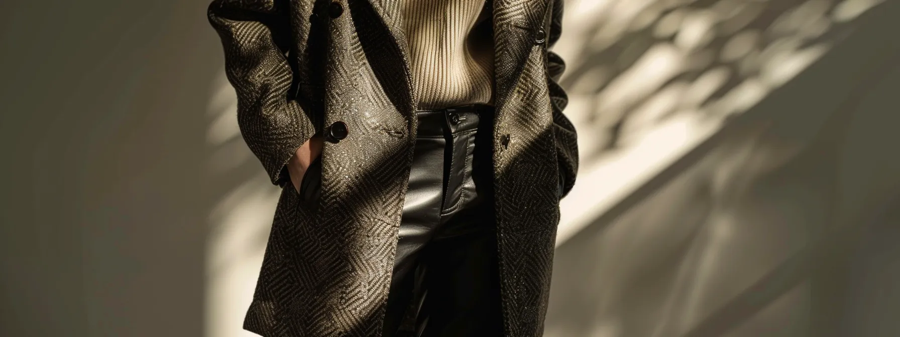 a sleek pair of leather stacked pants styled with a chic sweater and a structured coat, creating a sophisticated and cohesive ensemble. a sleek pair of leather stacked pants styled with a chic sweater and a structured coat, creating a sophisticated and cohesive ensemble.