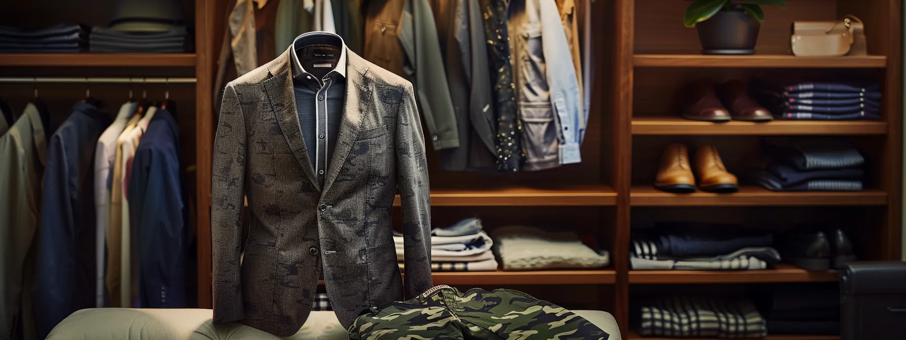 a sleek tailored blazer layered over camo stacked jeans, paired with a crisp dress shirt, polished oxfords, and subtle accessories for a sophisticated semi-formal look. a sleek tailored blazer layered over camo stacked jeans, paired with a crisp dress shirt, polished oxfords, and subtle accessories for a sophisticated semi-formal look.