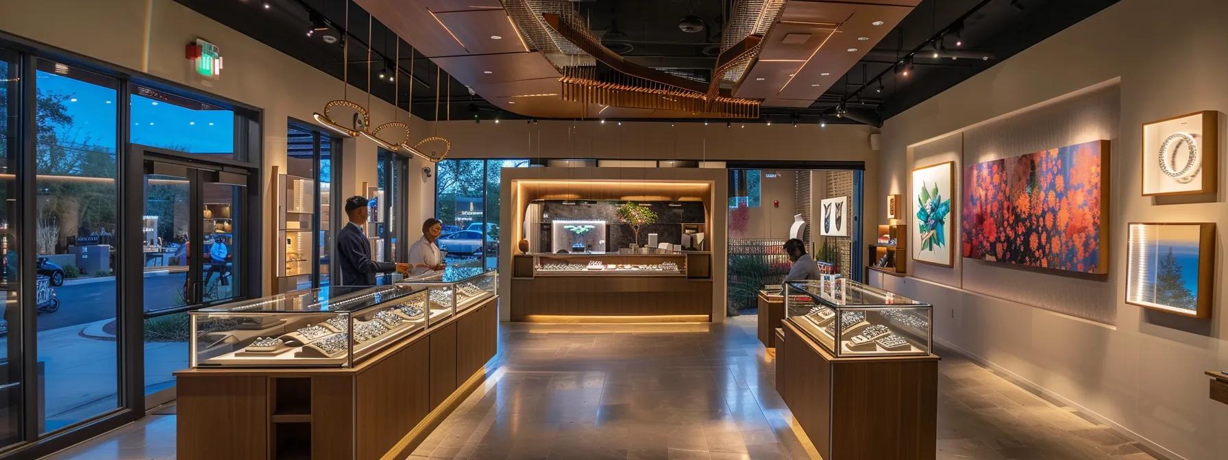 a sleek tucson jewelry store interior, featuring a vibrant display of ethically sourced diamonds under warm, focused lighting, with an attentive jeweler engaging a customer, embodying trust and transparency in diamond purchasing. a sleek tucson jewelry store interior, featuring a vibrant display of ethically sourced diamonds under warm, focused lighting, with an attentive jeweler engaging a customer, embodying trust and transparency in diamond purchasing.