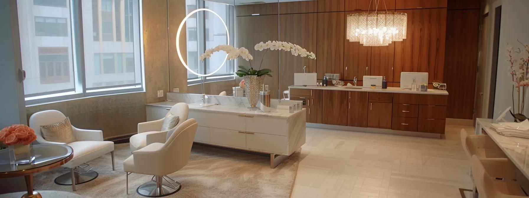 a sleek, upscale salon in midtown manhattan showcases a professional esthetician expertly preparing for a hollywood waxing session, highlighting the luxurious environment and advanced skincare techniques.