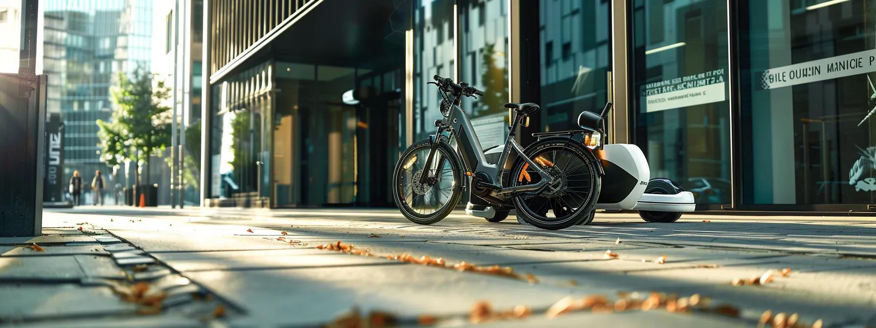 a sleek urban environment features a dynamic electric bike beside a modern water bike, highlighting contrasting lifestyles suited for commuting and recreational pursuits amidst an inspiring cityscape. a sleek urban environment features a dynamic electric bike beside a modern water bike, highlighting contrasting lifestyles suited for commuting and recreational pursuits amidst an inspiring cityscape.