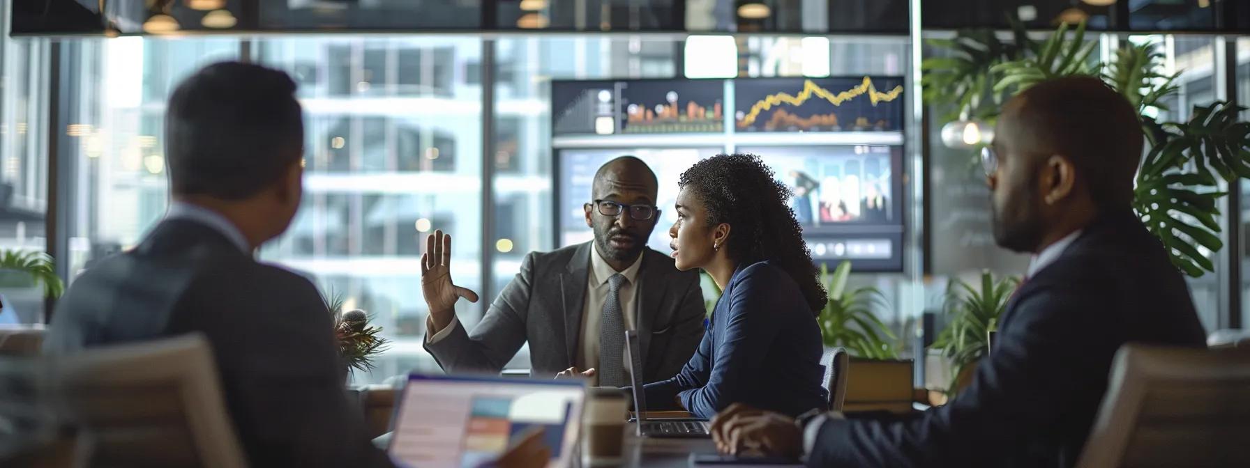 a sleek urban office environment showcases a diverse group of condo buyers engaged in a dynamic discussion around digital screens displaying educational resources and comparison tools related to fannie mae's llpa and credit scores.
