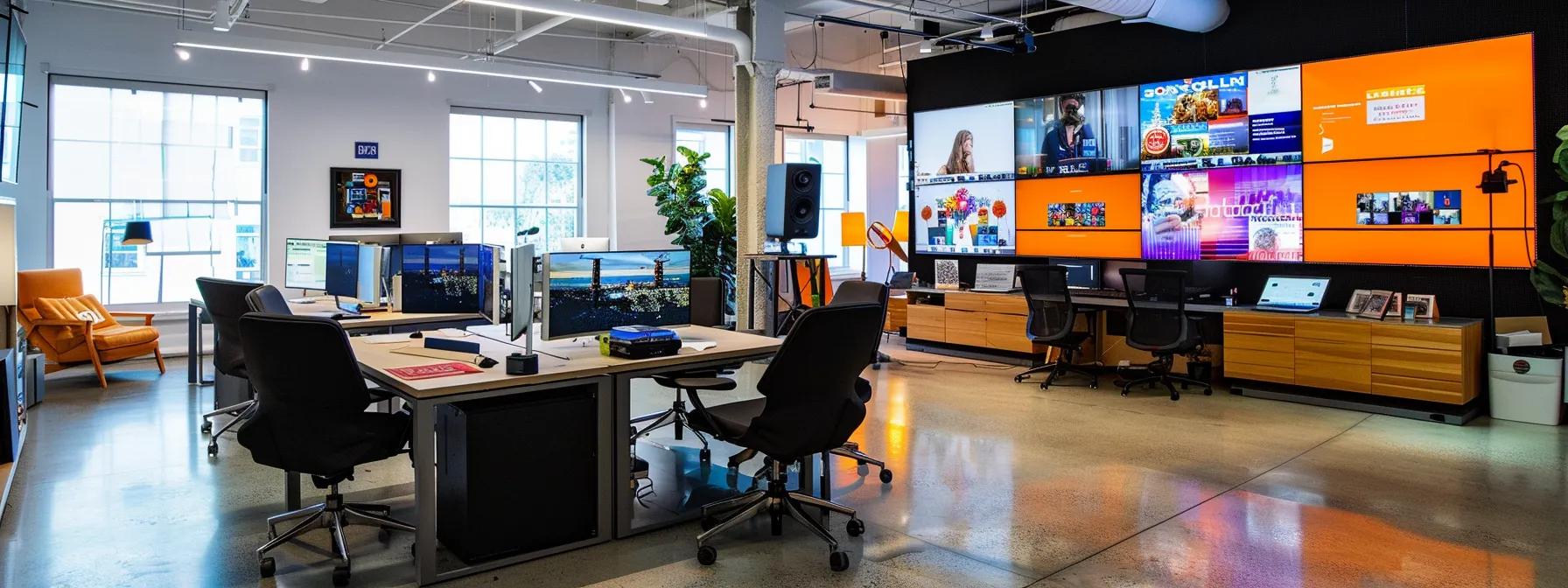 a sleek urban office studio showcases a modern video production setup, where a diverse team collaborates on dynamic corporate video projects, surrounded by high-definition screens displaying captivating visuals of brand stories, product demonstrations, and engaging social media content.