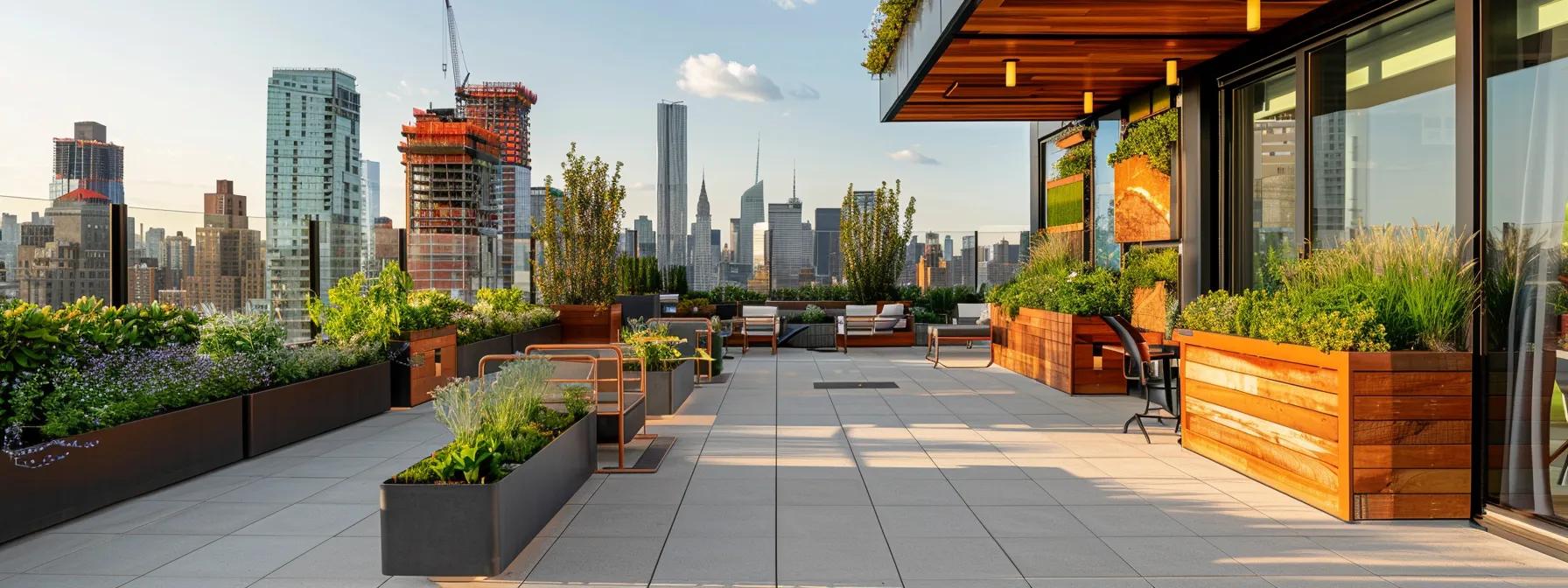 a sleek urban rooftop garden showcases innovative multi-purpose furniture and vertical planters, blending functionality with modern aesthetics against a backdrop of a bustling city skyline. a sleek urban rooftop garden showcases innovative multi-purpose furniture and vertical planters, blending functionality with modern aesthetics against a backdrop of a bustling city skyline.