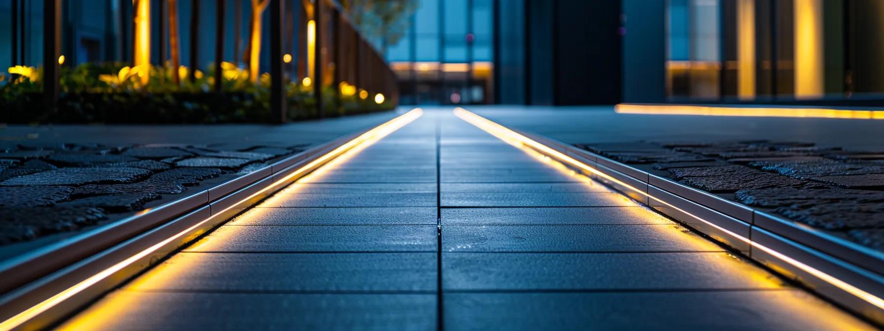 a sleek urban walkway elegantly outlined with shiny metal landscape edging, illuminated by strategically placed soft lighting that highlights the intricate design, emphasizing a harmonious blend of modern aesthetics and functional pathways. a sleek urban walkway elegantly outlined with shiny metal landscape edging, illuminated by strategically placed soft lighting that highlights the intricate design, emphasizing a harmonious blend of modern aesthetics and functional pathways.