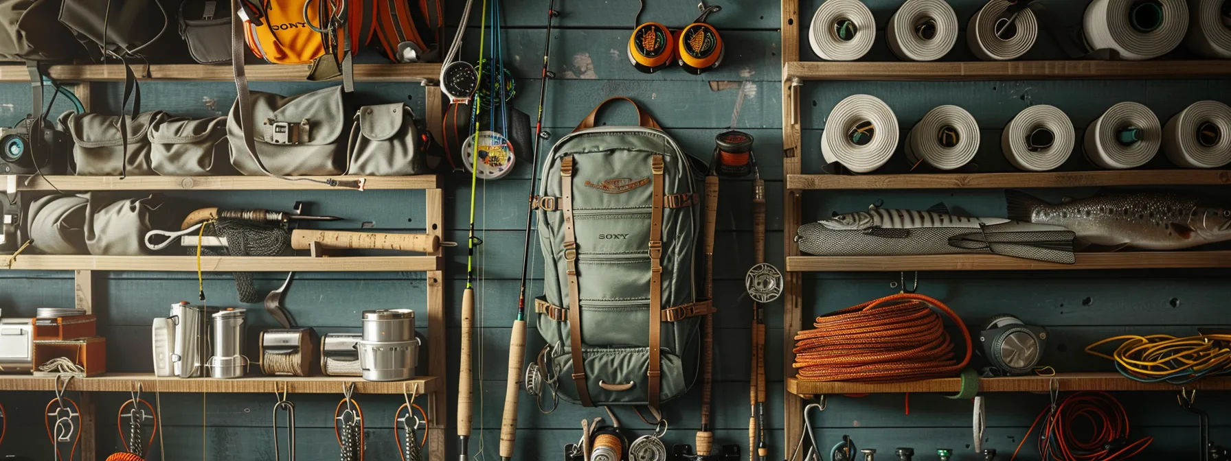 a sleek, waterproof fly fishing pack hanging neatly on a wooden peg, surrounded by organized fishing gear and tools. a sleek, waterproof fly fishing pack hanging neatly on a wooden peg, surrounded by organized fishing gear and tools.